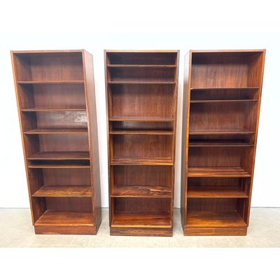 3 Rosewood Bookcases with Adjustable Beveled Shelves and Plinth Bases Three Mid Century Modern Rosew