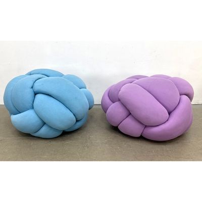 Pr Large Sculptural Knot Ball Floor Cushions Stools. Light Blue and Lavender Purple Jersey Knit. Not