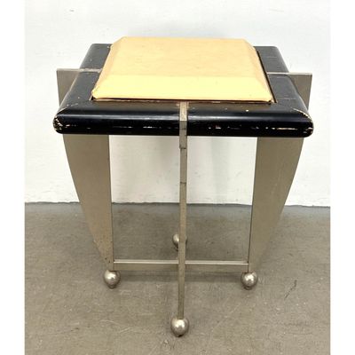 Post Modern Brushed Heavy Steel and Black Lacquered Wood Pedestal.  Very Heavy.