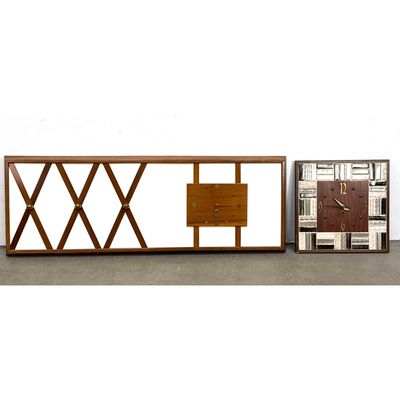 2pc Mid-Century Modern Wall Clocks, Horizontal Trellis Panel Clock and Square Ceramic Tile Clock