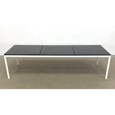 Architectural Florence Knoll T-Angle table bench featuring a crisp white enameled steel frame and se