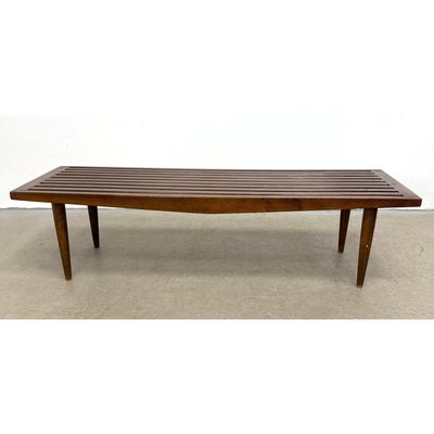 Mid Century Modern Yugoslavian Stained Hardwood Slat Bench with Tapered Legs