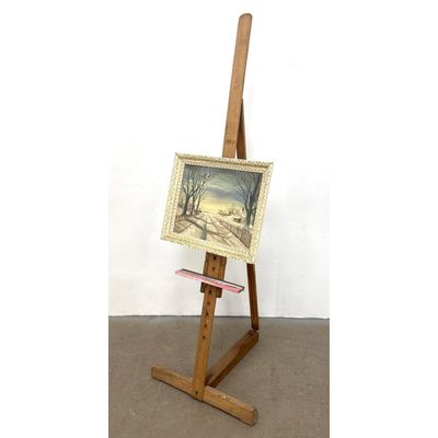 Vintage Weber Wooden Artist easel. Includes small winter landscape.