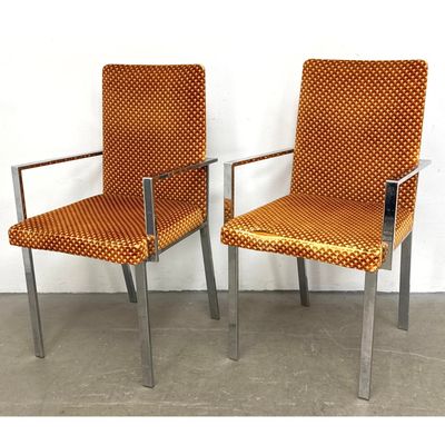 Pr TRI-MARK DESIGNS Chrome Plated Steel Dining Arm Chairs. Nice Stretcher detail to Backside. Label.