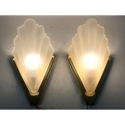 Pr Art Deco Style Frosted Glass Shell Wall Sconces.   Brass Toned Metal Wall Mounts.