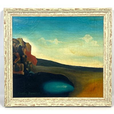 CHESLEY BONESTELL Surrealist Landscape Painting. Hypnotic blue sky and pool of water. Oil on canvas