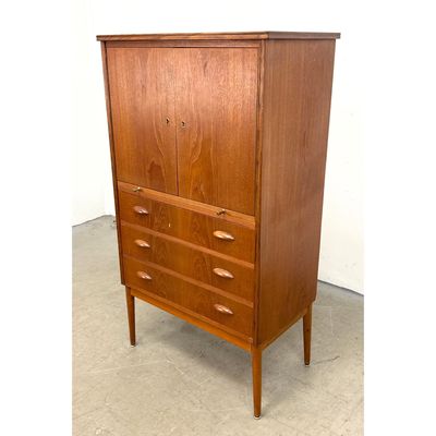 Mid-Century Modern Teak Highboy Storage Cabinet with 2 Doors and 3 Graduated Drawers featuring Boat