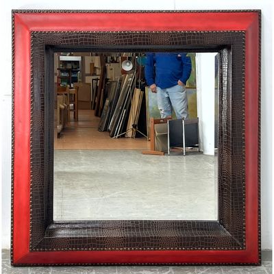 HOWARD ELLIOT Faux Reptile Skin Square Wall Mirror. Multi layer frame consists of red faux leather a