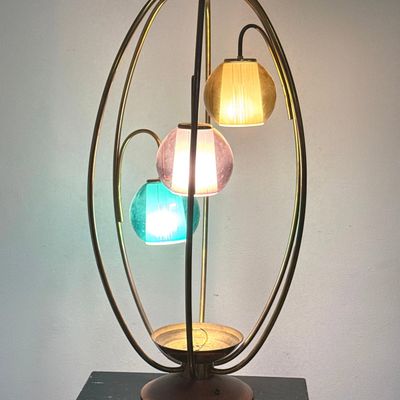 Mid Century Modern Sculptural Oval Brass and Wood Table Lamp with 3 Multi Colored Cased Glass Globe