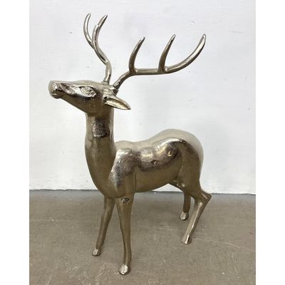 Large Polished Silver Toned Metal Standing Stag Sculpture with Removable Branching Antlers