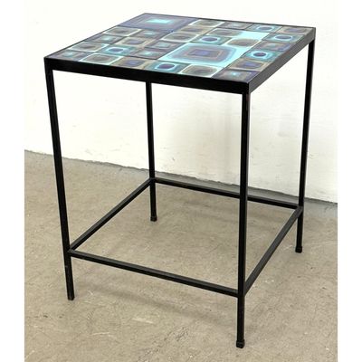 Mid Century Modern Tiled Top Iron Side Table. Blue Concentric Square Motif Glaze Ceramic Tiles. Blac