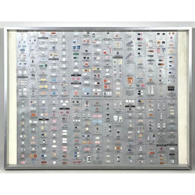 Damien Hirst Silver Metallic Pharmacy Product Identification Wallpaper Fragment. Framed.