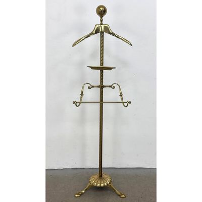 Mid Century Hollywood Regency Style Brass Valet Stand with Shell Base and Twisted Shaft. Unsigned.