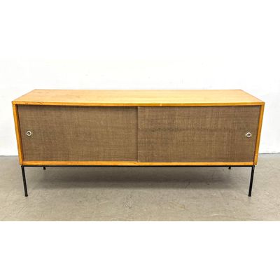 Paul McCobb Planner Group Maple and Grasscloth Low Sideboard Cabinet. for Winchendon with Black Enam