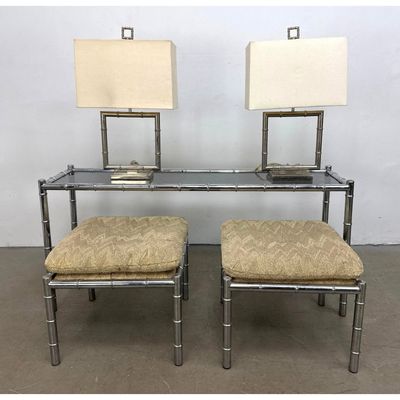 5pc Faux Bamboo Contemporary Furniture. Chrome Frame Console Table. Pr Matching Chrome Tufted Uphols