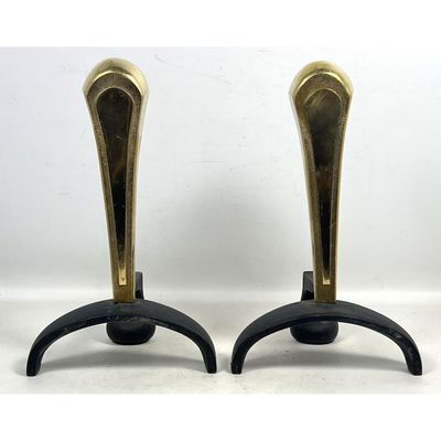 Pair of Mid Century Modern Cast Iron and Polished Brass Andirons with Tapered Pedestals