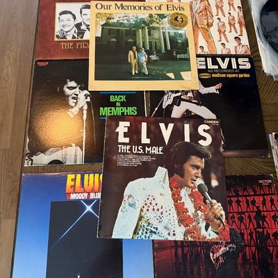 Collection of vintage Elvis Presley vinyl LP records, including "The U.S. Male," "Moody Blue," and "Our Memories...