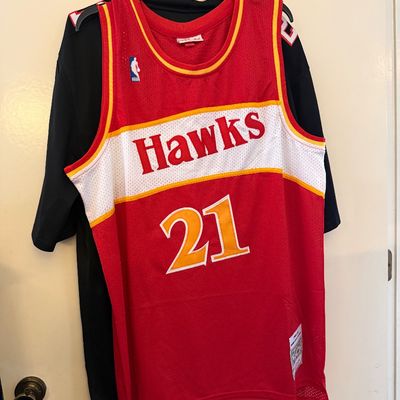 Mitchell & Ness Atlanta Hawks Dominique Wilkins #21 throwback basketball jersey in red, white, and yellow
