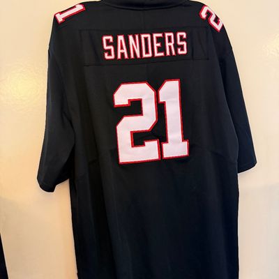 Deion Sanders Atlanta Falcons throwback-style black jersey, featuring stitched name and number 21.