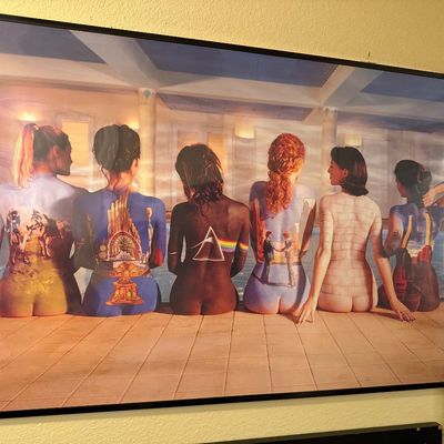 Framed Pink Floyd "Back Catalogue" poster featuring six women with album art painted on their backs, sitting poolside.