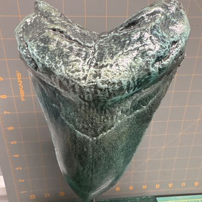 Plastic megalodon tooth replica with glittered resin stand