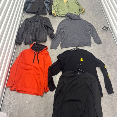 Seven piece clothing set - three jackets, one cashmere hoodie, one orange tech fleece two long sleeve T-shirts. All size large in good...