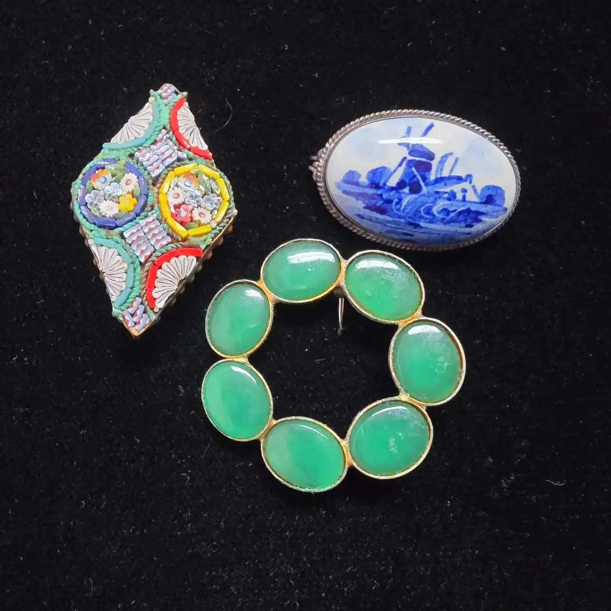 Mosaic, Art Pottery & Green Cabochon Brooch Trio