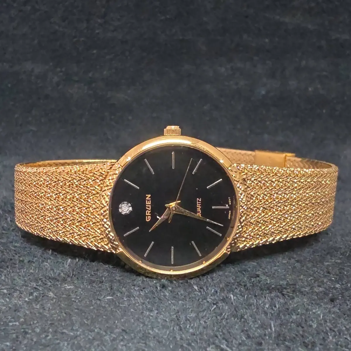 Gruen Gold-Tone Quartz Watch W/Textured Mesh Bracelet & Minimalist Black Dial