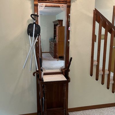 Sale Photo Thumbnail #19: Hall tree with marble top, mirror hat stand, cane/umbrella stand