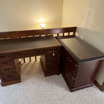 Sale Photo Thumbnail #24: Wood desk with padded leather top, wood 2-drawer filing cabinet with glass top