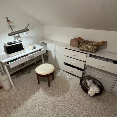 Sale Photo Thumbnail #31: Sewing Machine, lights, tools supplies, thread, material