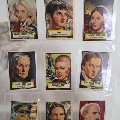 Sale Photo Thumbnail #9: Collection of vintage historical figure trading cards, including Admiral Horatio Nelson, Nero, Florence Nightingale, John D. Rockefeller, Sir Walter Scott, Percy Bysshe Shelley, John Philip Sousa, Robert Louis Stevenson, and Arturo Toscanini, housed in a 