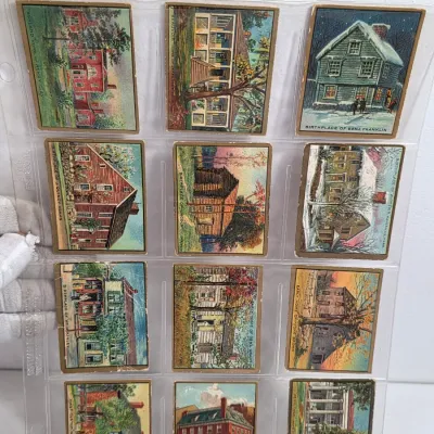 Sale Photo Thumbnail #17: Collection of twelve vintage tobacco cards depicting historic American homes and birthplaces, housed in a plastic protective sleeve.
