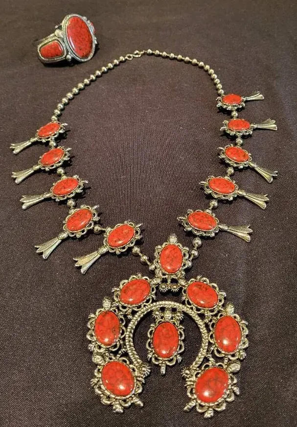Navajo Red Coral Squash Blossom Set (D)
