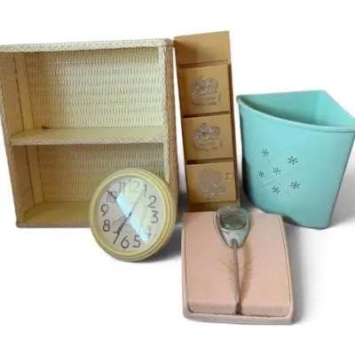 Vintage Blue Plastic Trash Bin, Pink Scale, Letter Holder, & White Wicker Shelf