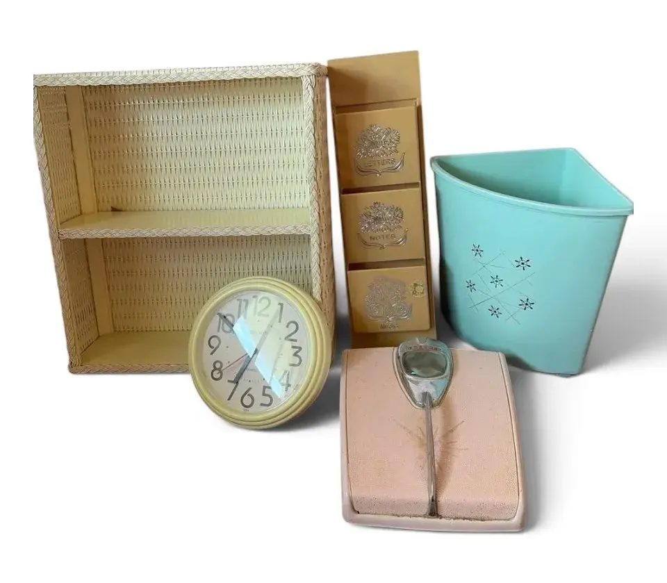 Vintage Blue Plastic Trash Bin, Pink Scale, Letter Holder, & White Wicker Shelf