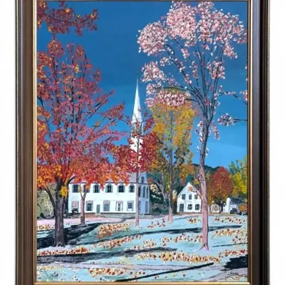 Wooden-Framed Painting of A White Church “J. Noxes” (25.5”x31.5”)
