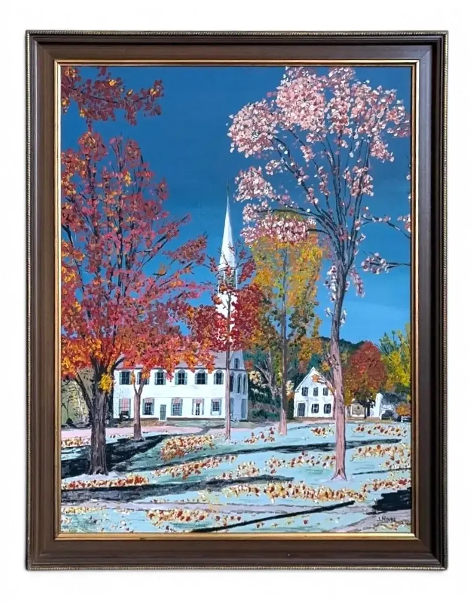 Wooden-Framed Painting of A White Church “J. Noxes” (25.5”x31.5”)