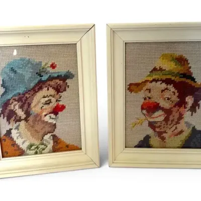 Framed Needlepoint Clown Art Pair