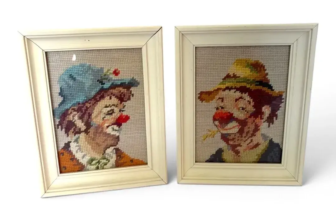 Framed Needlepoint Clown Art Pair