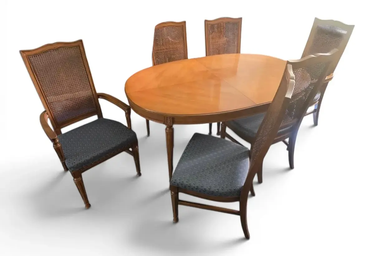 Mount Airy Wooden Table w/ 6 Cane Back Chairs & 2 Table Leaves