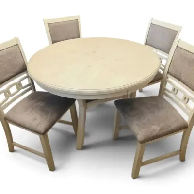 White Washed Round Table & 4 Chairs w/ Grey Seats
