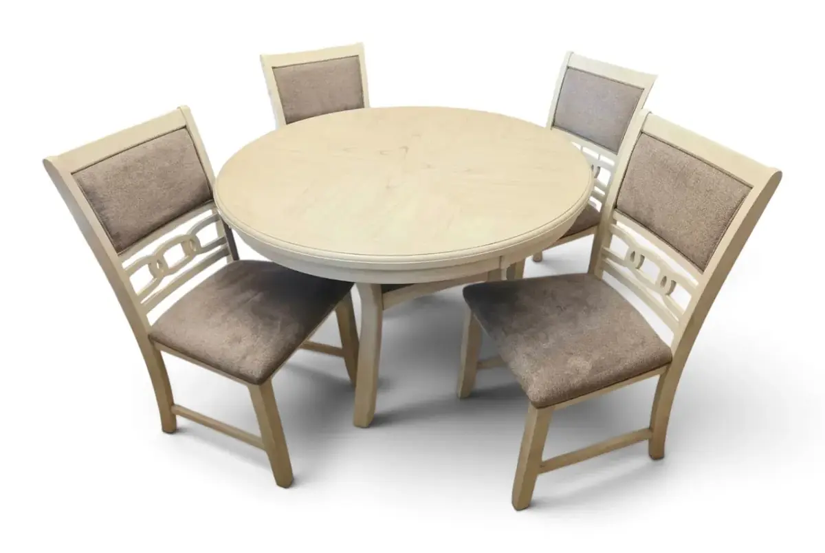 White Washed Round Table & 4 Chairs w/ Grey Seats