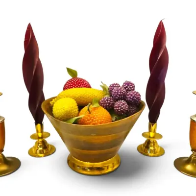 Vintage Wooden & Brass Bowl w/ Sequined Fruit & 2 Sets Of Candle Holders
