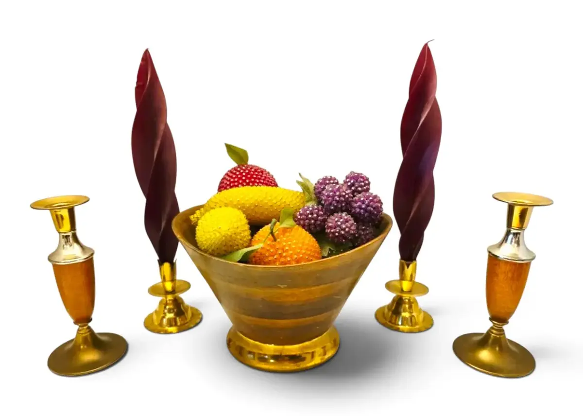 Vintage Wooden & Brass Bowl w/ Sequined Fruit & 2 Sets Of Candle Holders