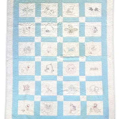 Hand-Sewn Blue & White Embroidered Quilt w/ Birds, Bunnies, Kittens, & Bears (58" x 80”)