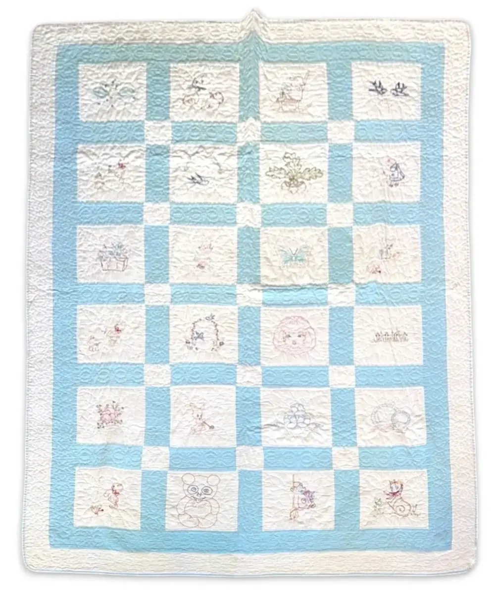 Hand-Sewn Blue & White Embroidered Quilt w/ Birds, Bunnies, Kittens, & Bears (58" x 80”)