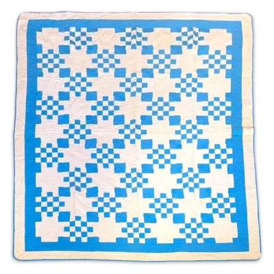 Hand-Sewn Blue & White Checkered Patchwork Quilt (65" x 80”)