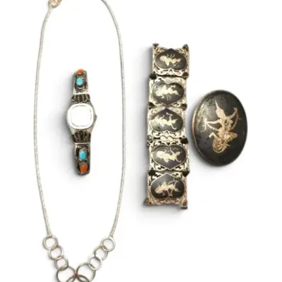 Sterling Silver Siam Bracelet & Brooch, Turquoise & Red Coral Watch, & Necklace (73g)