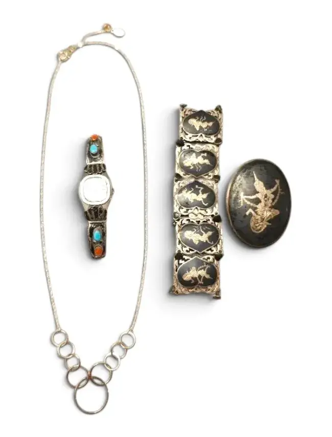 Sterling Silver Siam Bracelet & Brooch, Turquoise & Red Coral Watch, & Necklace (73g)